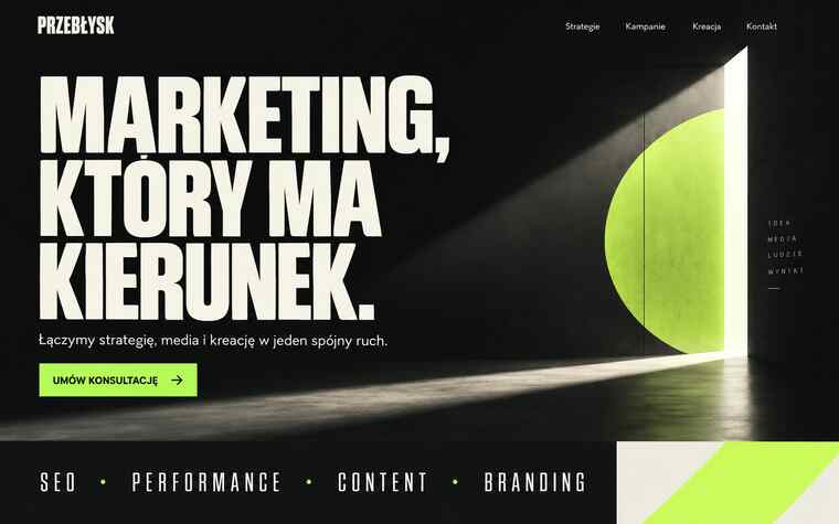 Przykładowy projekt strony agencji marketingowej — wyrazisty lider kategorii