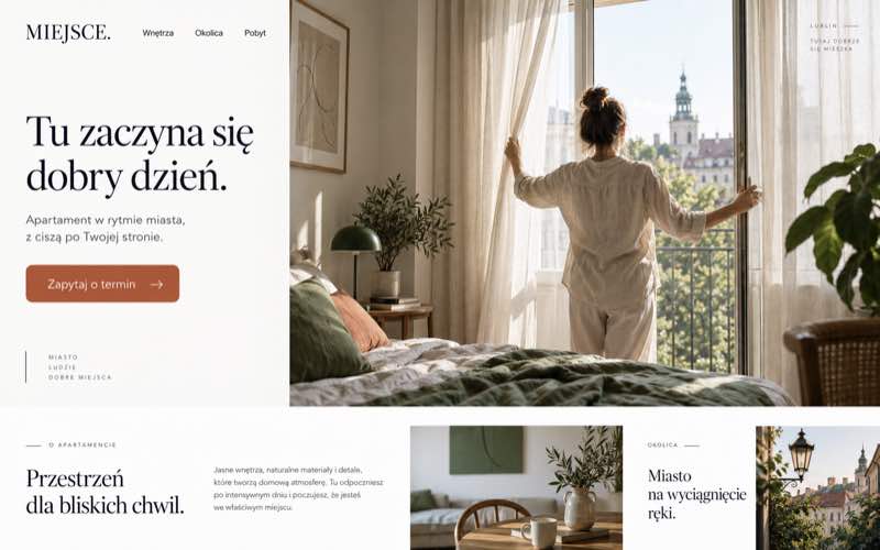 Przykładowy projekt strony apartamentu w jasnym stylu editorialnym