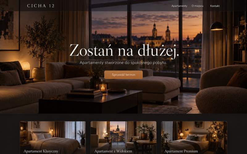 Przykładowy projekt strony apartamentów w kinowym stylu premium