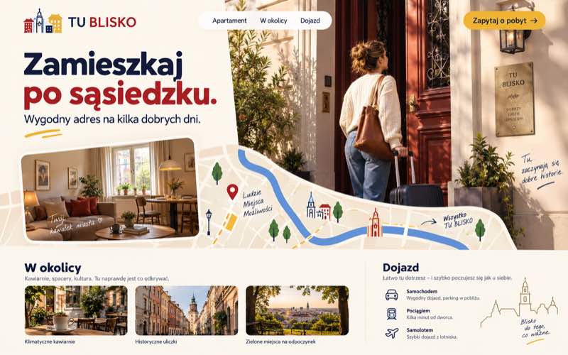 Koncepcja strony apartamentu w ciepłym stylu lokalnym i miejskim