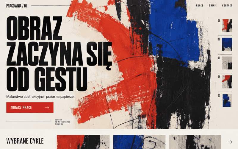 Przykładowy projekt strony artysty w wyrazistym stylu brutalistycznym