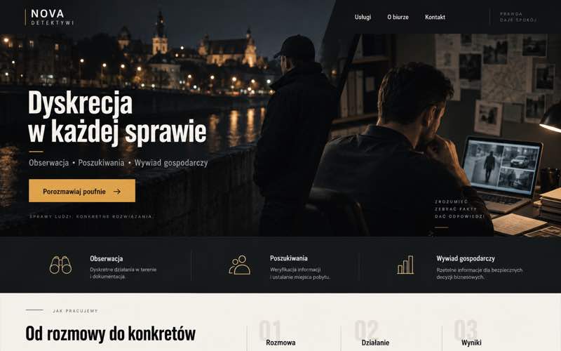 Przykładowy projekt strony biura detektywistycznego — wyrazisty kierunek lidera kategorii