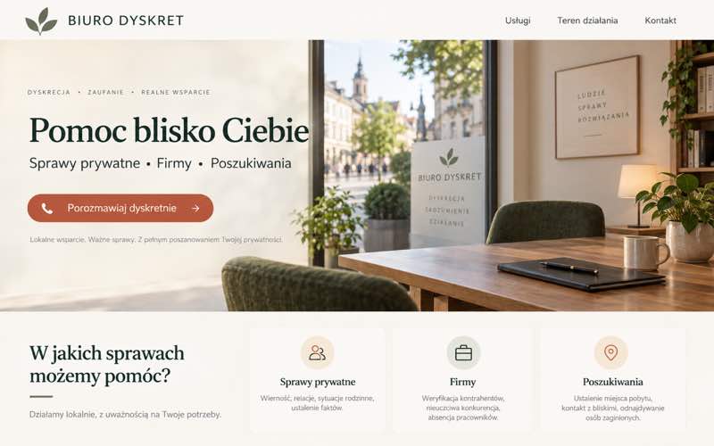 Przykładowy projekt strony biura detektywistycznego — ciepły lokalny kierunek