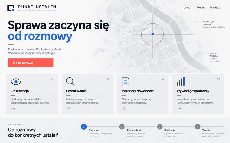 Przykładowy projekt strony biura detektywistycznego — modularna prezentacja oferty