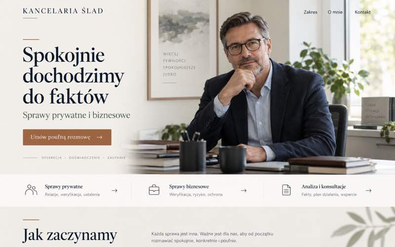 Koncepcja strony biura detektywistycznego — spokojny styl osobistego eksperta