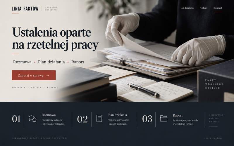 Koncepcja strony biura detektywistycznego — dokumentalny styl procesu i pracy