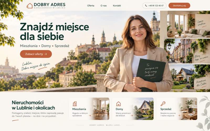 Przykładowy projekt strony biura nieruchomości — ciepły lokalny kierunek