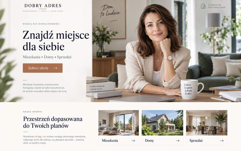 Koncepcja strony biura nieruchomości — spokojny styl osobistego eksperta