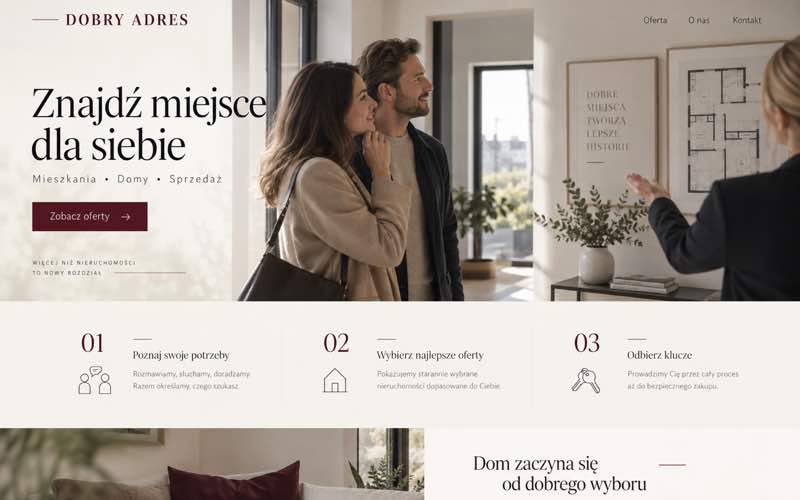 Koncepcja strony biura nieruchomości — dokumentalny styl procesu i pracy