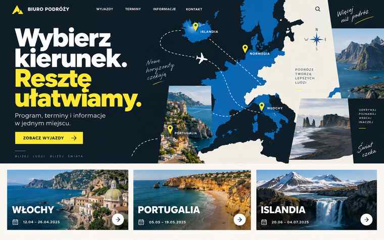 Koncepcja strony cyfrowego touroperatora w odważnym geometrycznym stylu
