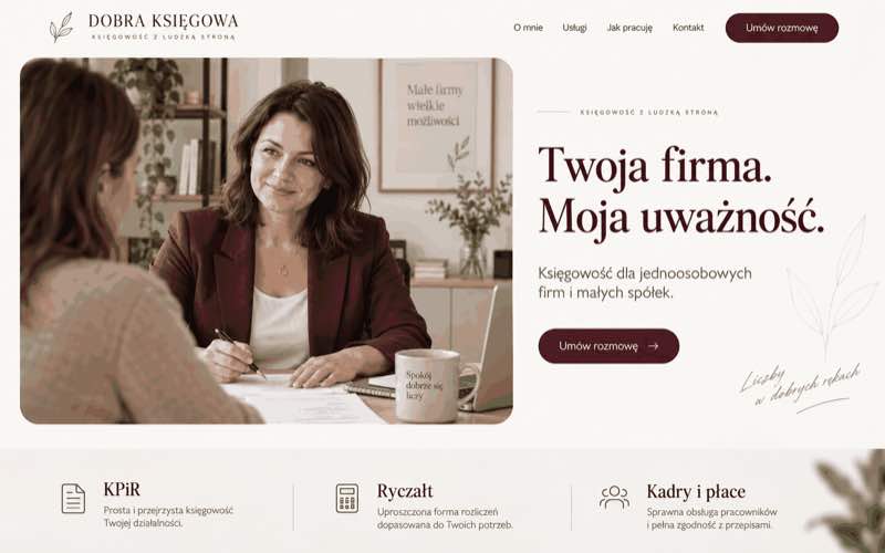 Przykładowy projekt strony księgowej w jasnym, osobistym stylu eksperckim