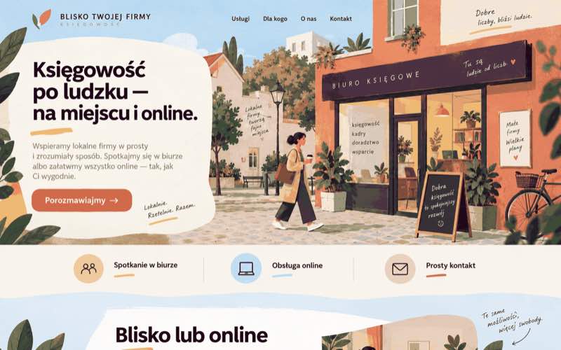 Przykładowy projekt strony lokalnego biura rachunkowego w ciepłym stylu ilustracyjnym