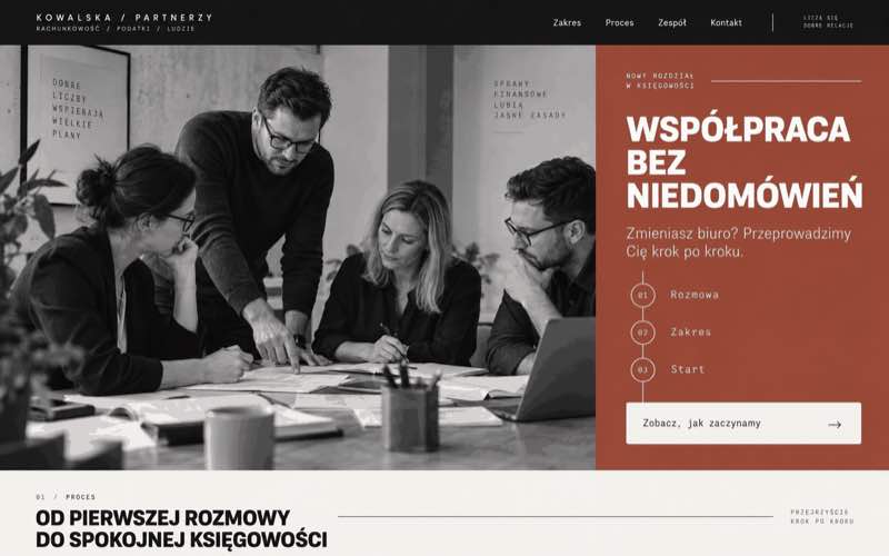 Koncepcja strony biura rachunkowego w dokumentalnym stylu skupionym na procesie współpracy
