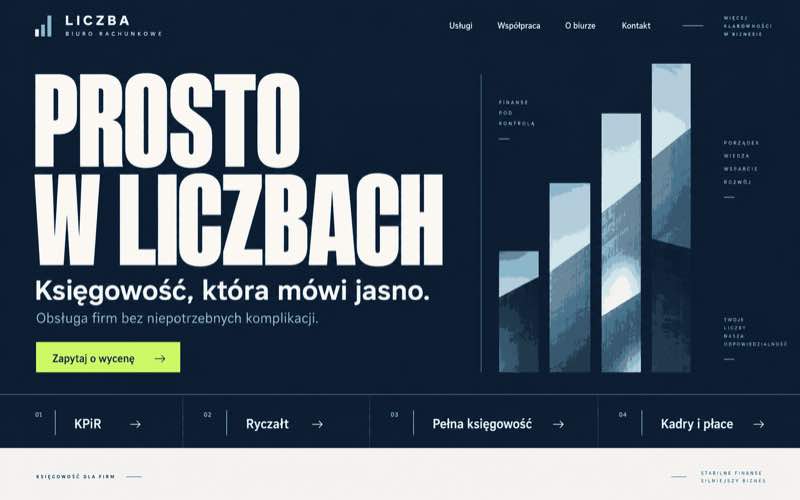 Przykładowy projekt strony biura rachunkowego w wyrazistym stylu typograficznym