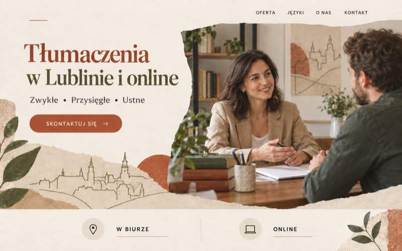 Przykładowy projekt strony lokalnego biura tłumaczeń w ciepłym stylu inspirowanym Lublinem