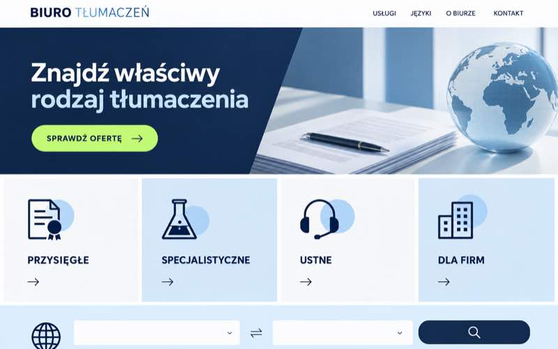 Przykładowy projekt strony biura tłumaczeń z modularną prezentacją usług