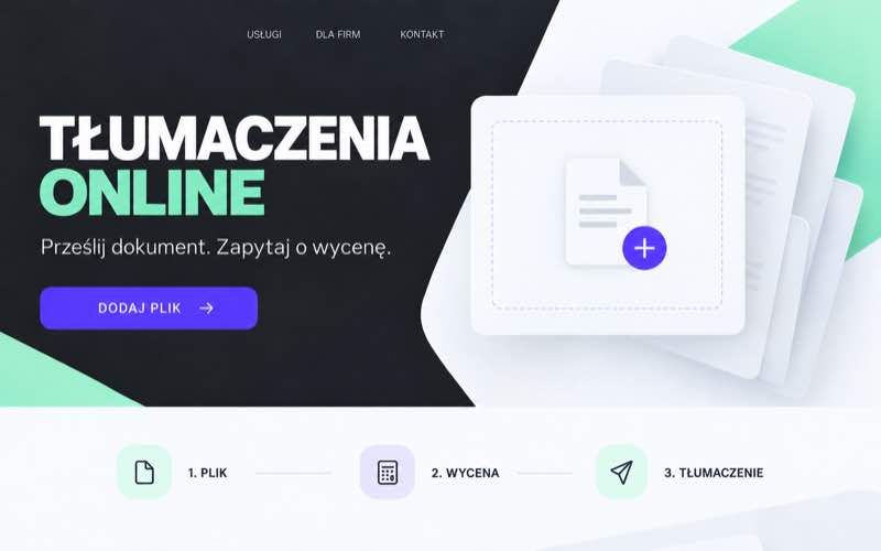 Koncepcja strony biura tłumaczeń online z nowoczesną ścieżką wyceny dokumentu