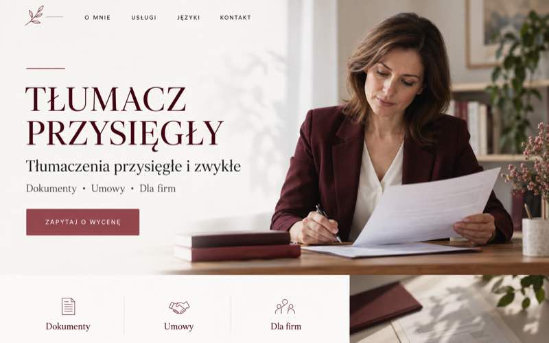 Przykładowy projekt strony tłumacza w jasnym, osobistym stylu eksperckim