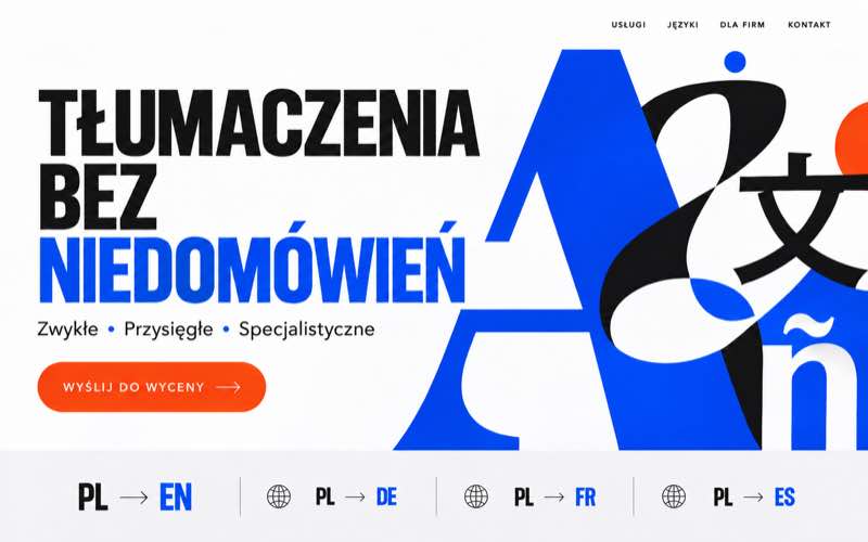 Przykładowy projekt strony biura tłumaczeń w wyrazistym stylu typograficznym