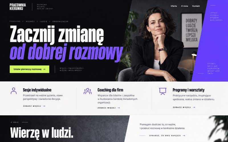 Przykładowy projekt strony coacha lub coachki — wyrazisty kierunek lidera kategorii