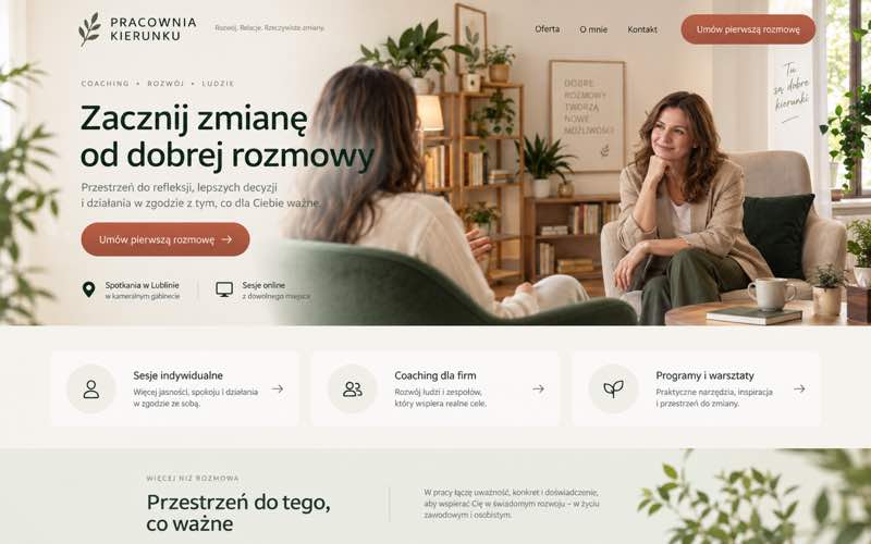 Przykładowy projekt strony coacha lub coachki — ciepły lokalny kierunek