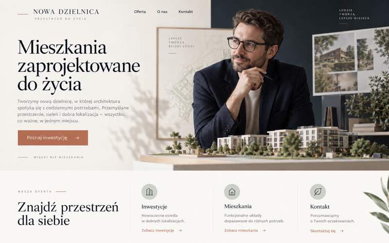 Koncepcja strony dewelopera — spokojny styl osobistego eksperta