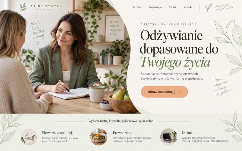 Przykładowy projekt strony dla dietetyka w spokojnym stylu botanicznego editorialu