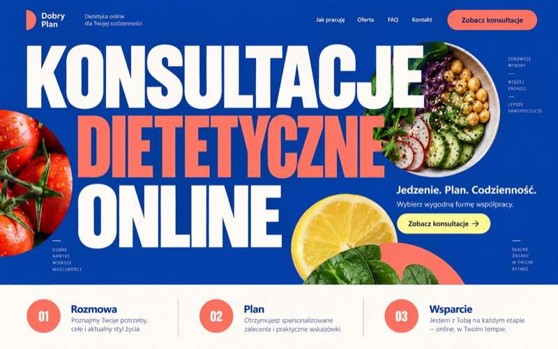 Przykładowy projekt strony dla dietetyka w odważnym cyfrowym stylu typograficznym