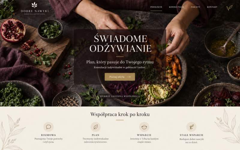 Koncepcja strony dietetyka w ciemnym premium stylu kulinarnego editorialu