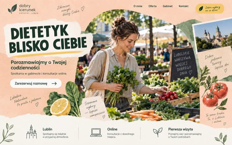 Koncepcja strony dietetyka w ciepłym lokalnym stylu kolażowym inspirowanym Lublinem