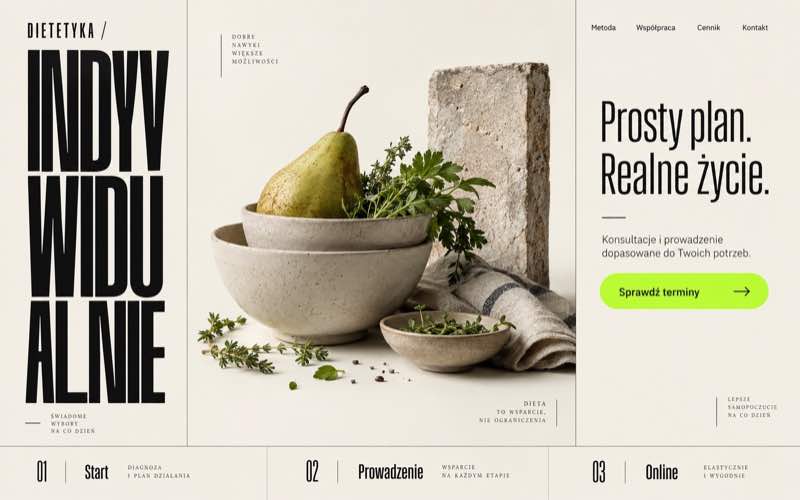 Przykładowy projekt strony dietetyka w minimalistycznym studyjnym stylu typograficznym