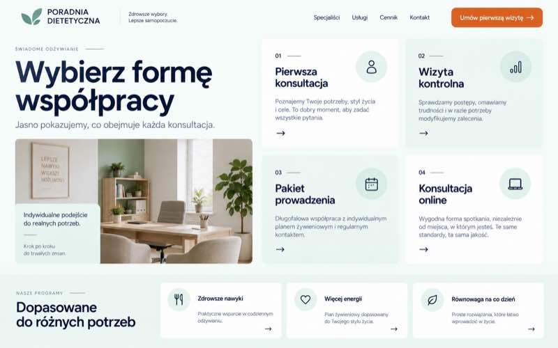 Przykładowy projekt strony poradni dietetycznej z modularną prezentacją usług