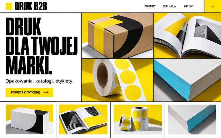 Przykładowy projekt strony drukarni B2B w modularnym stylu typograficznym