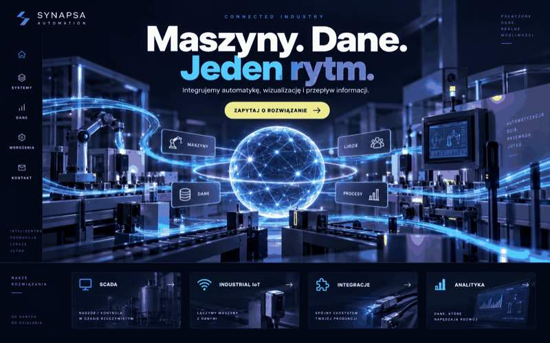 Koncepcja cyfrowej strony firmy automatyki z motywem połączonej produkcji