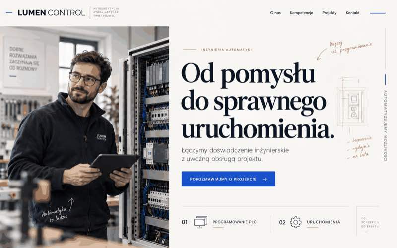Koncepcja strony firmy automatyki w jasnym, eksperckim stylu editorial