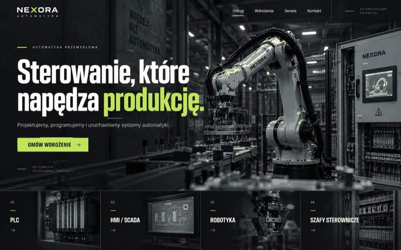 Przykładowy projekt strony firmy automatyki w wyrazistym, industrialnym stylu