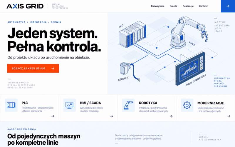 Przykładowy projekt modularnej strony firmy automatyki z siatką usług