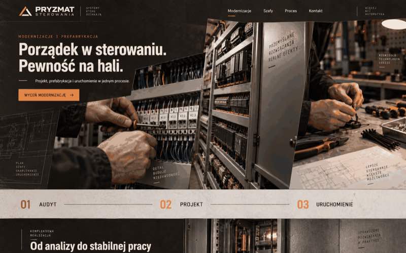 Koncepcja strony firmy automatyki pokazująca proces modernizacji i prefabrykacji