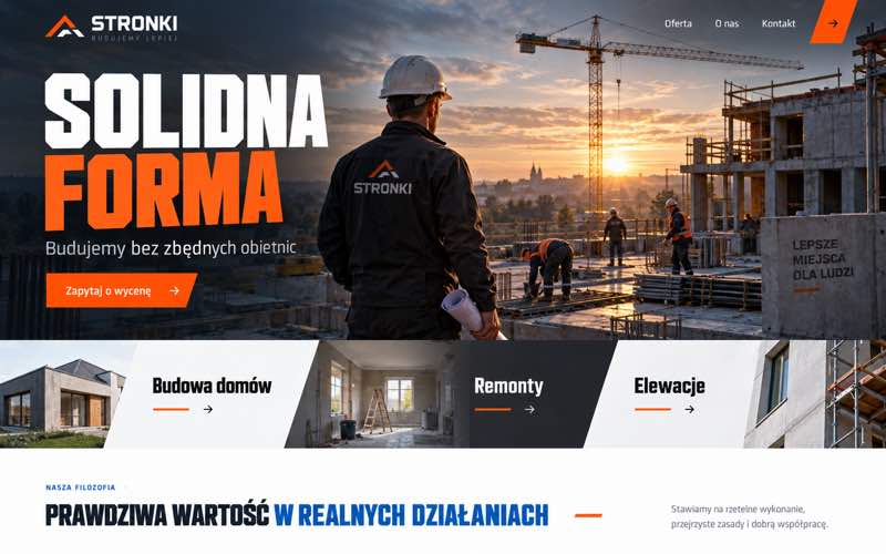 Przykładowy projekt strony firmy budowlanej — wyrazisty kierunek lidera kategorii