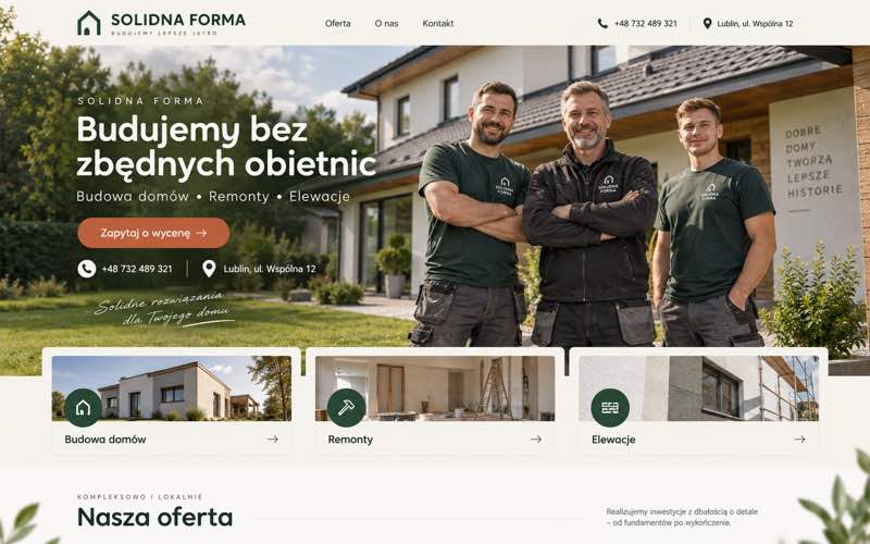 Przykładowy projekt strony firmy budowlanej — ciepły lokalny kierunek