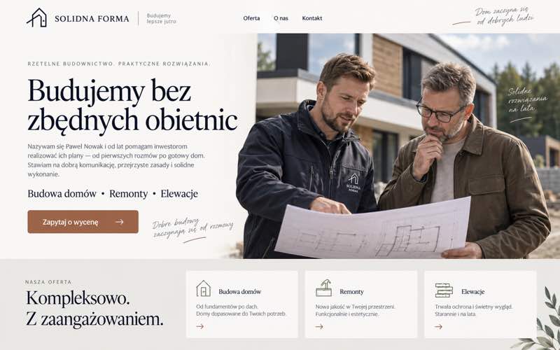 Koncepcja strony firmy budowlanej — spokojny styl osobistego eksperta