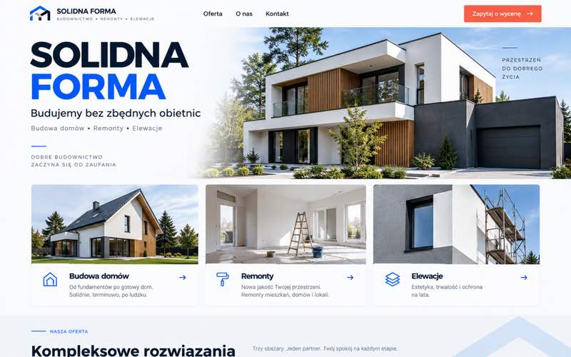 Koncepcja strony firmy budowlanej — dokumentalny styl procesu i pracy