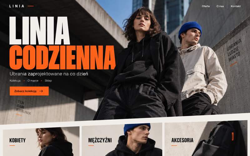 Przykładowy projekt strony firmy odzieżowej — wyrazisty kierunek lidera kategorii