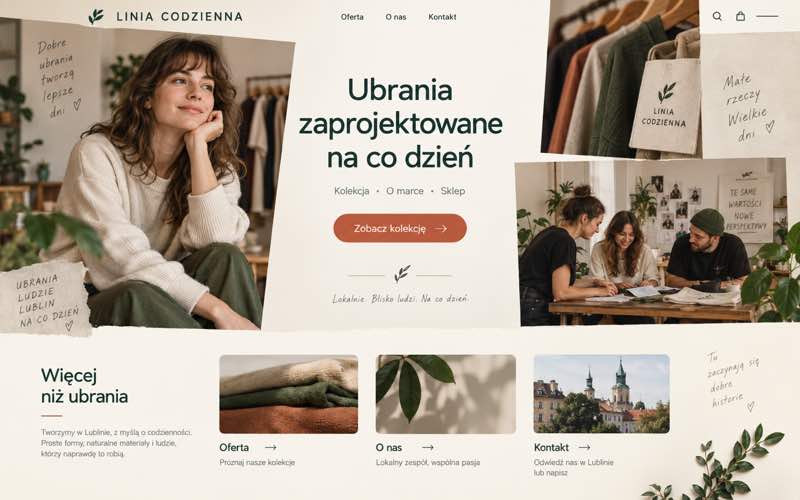Przykładowy projekt strony firmy odzieżowej — ciepły lokalny kierunek