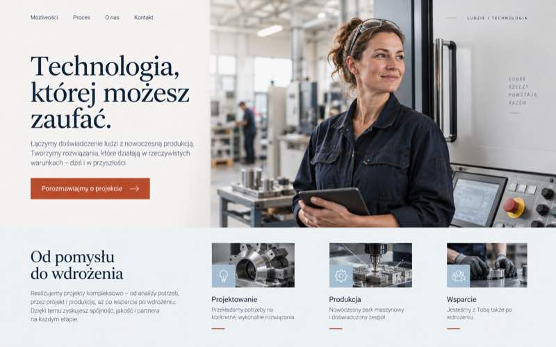 Koncepcja strony firmy produkcyjnej — jasny styl editorial z ekspertem