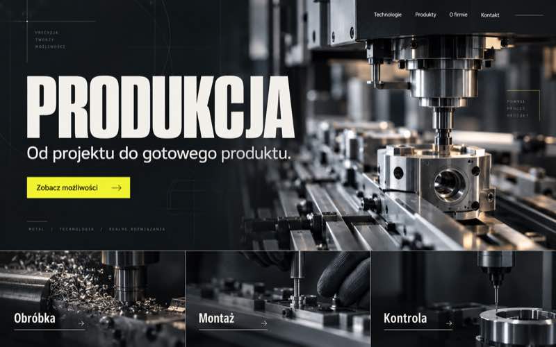 Przykładowy projekt strony firmy produkcyjnej — kontrastowy styl lidera przemysłowego