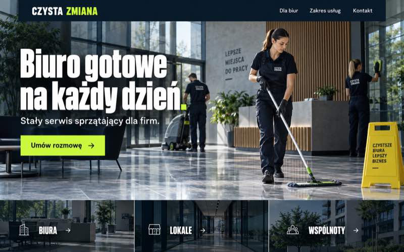 Przykładowy projekt strony firmy sprzątającej w wyrazistym stylu dla biur