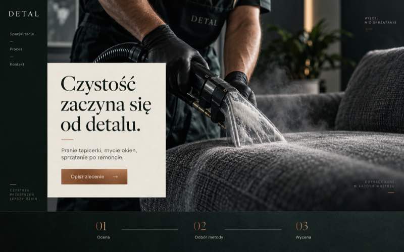 Koncepcja strony specjalistycznej firmy sprzątającej oparta na detalu i procesie