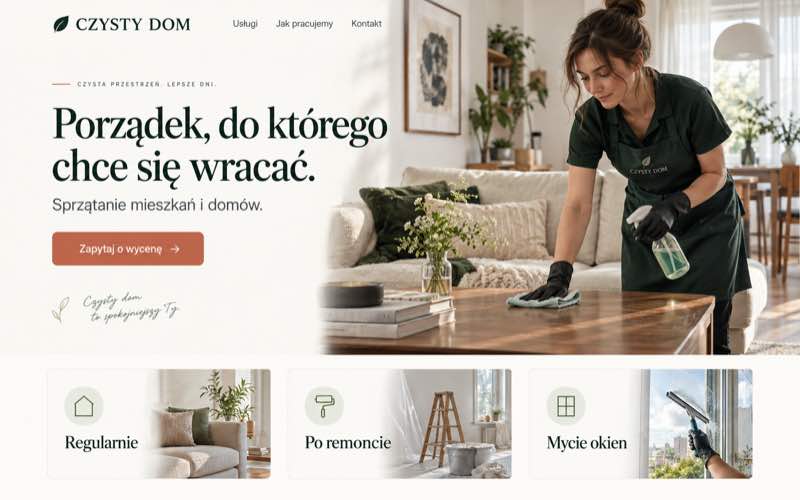 Przykładowy projekt strony firmy sprzątającej w spokojnym stylu premium dla domów