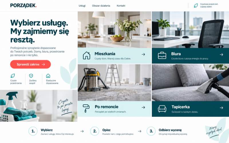 Koncepcja strony firmy sprzątającej z modularnym katalogiem usług